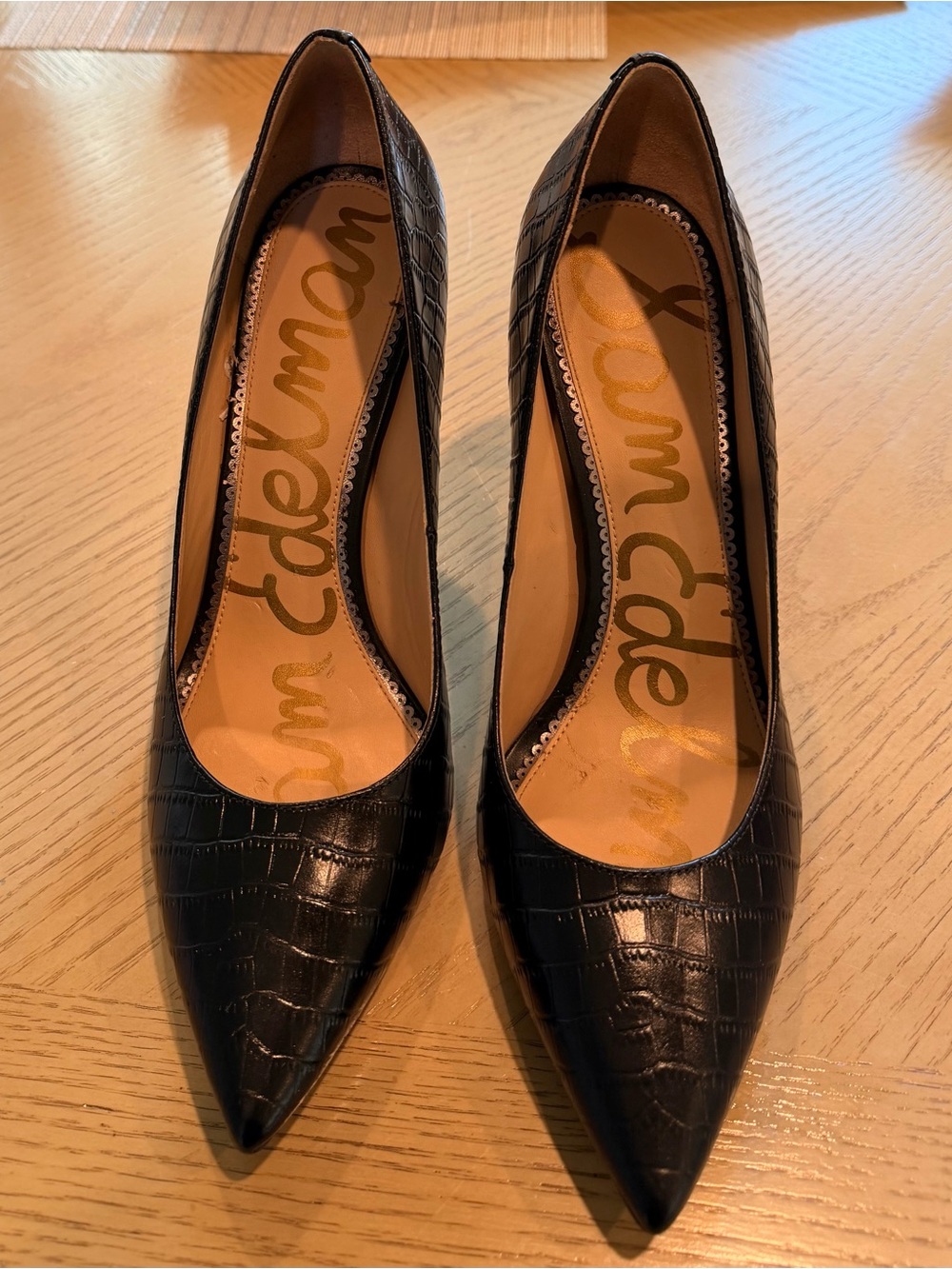 Sam Edelman Black Croc-Embossed Pointed Toe Pumps